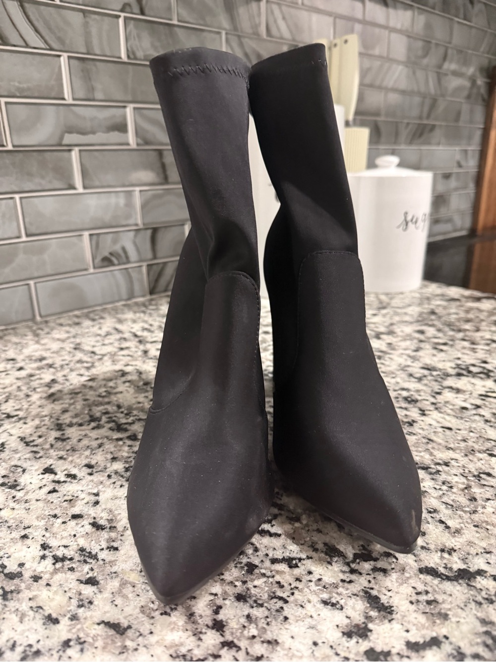 Women's Black Stretch Sock Ankle Boots with Block Heel - Picture 3 of 3